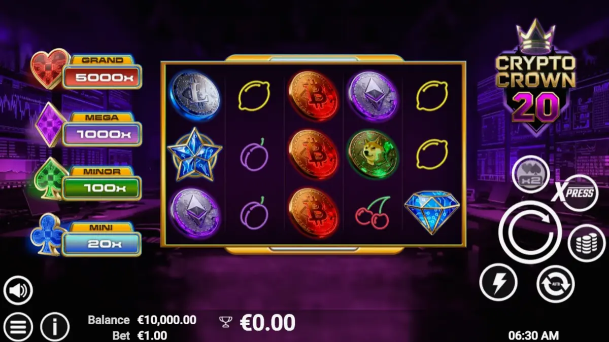 Tampilan visual slot Crypto Crown 20 dengan nuansa neon futuristik