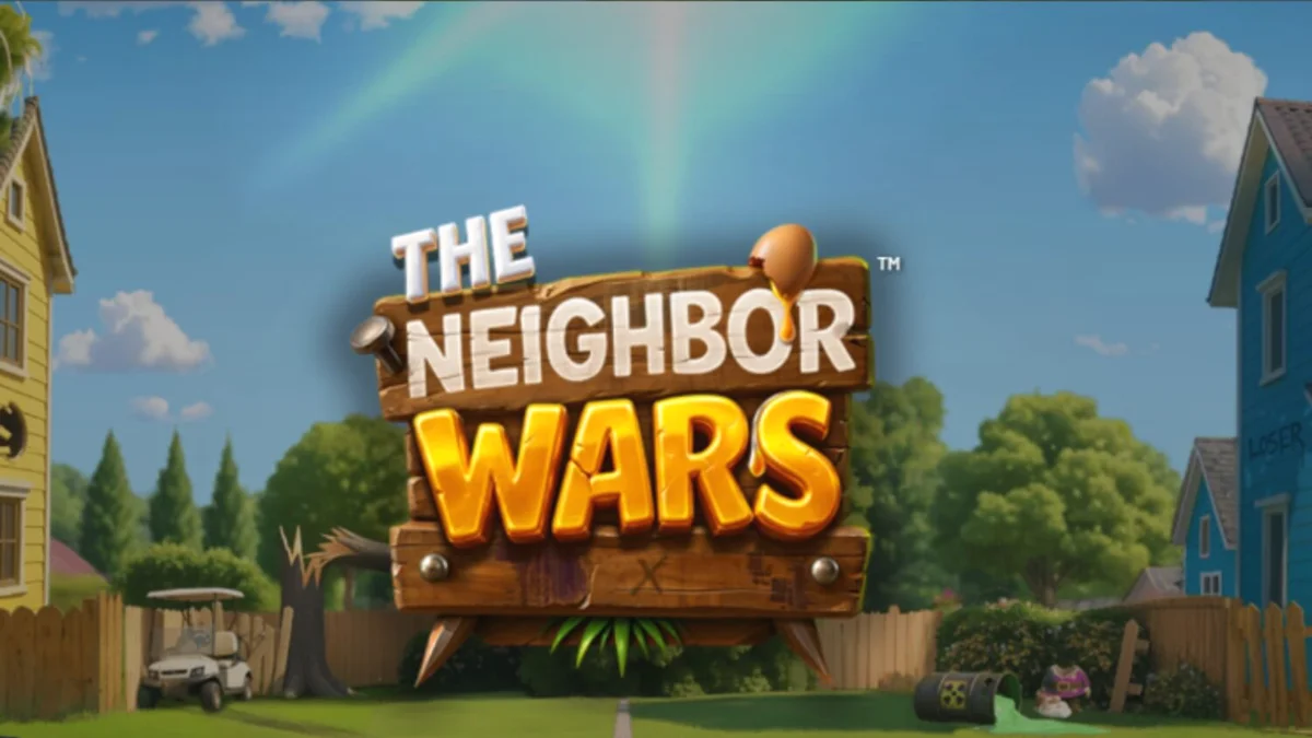 Tampilan visual slot The Neighbor Wars dengan tema perseteruan tetangga yang lucu
